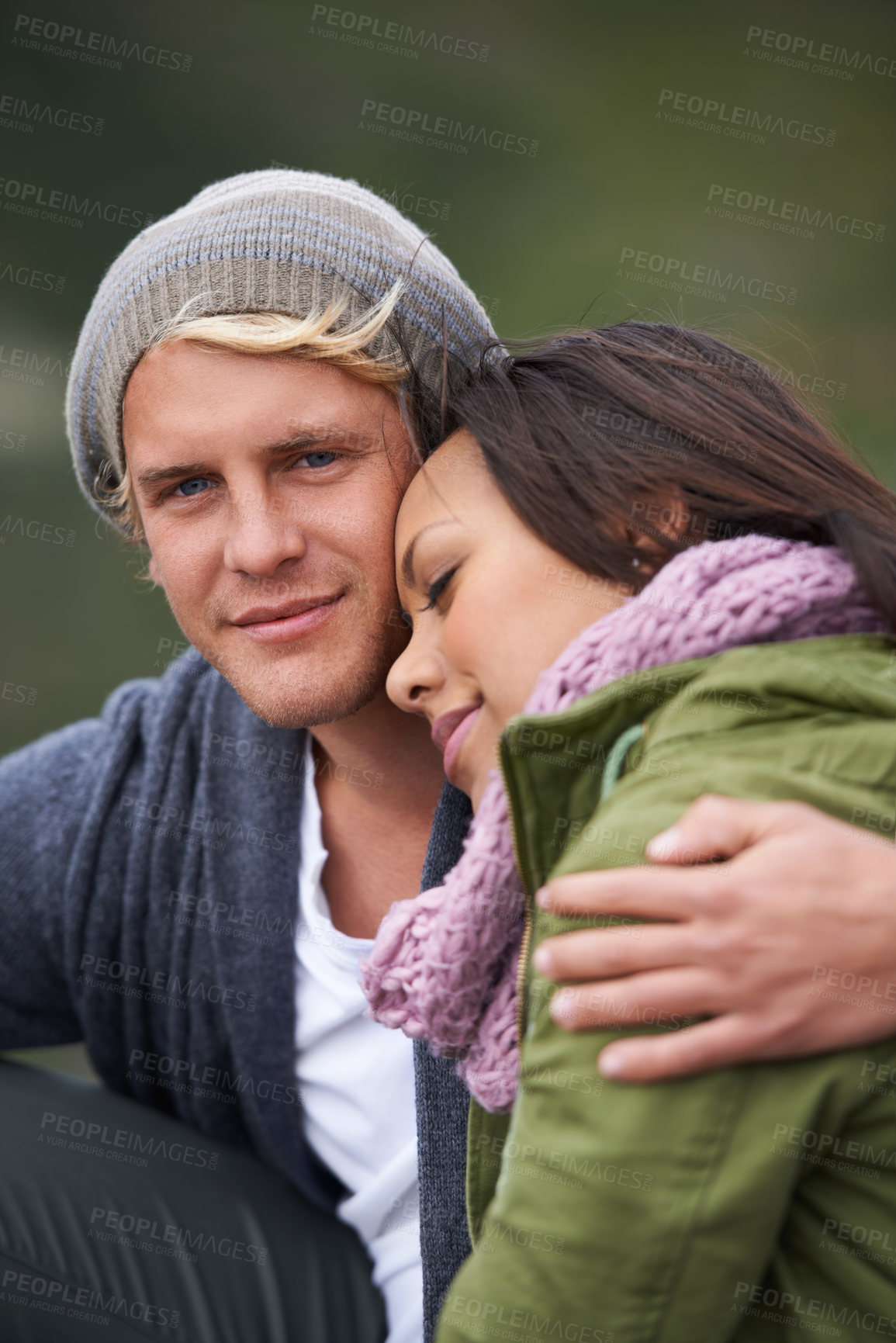 Buy stock photo Happy couple, portrait and hug in relax with love for bonding, holiday or weekend together in nature. Young man and woman smile for embrace, support or care in trust or enjoying outdoor vacation