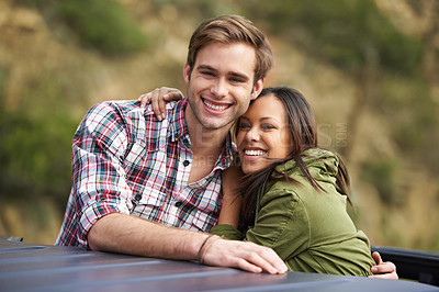 Buy stock photo Couple hug, portrait and road trip for travel, happy with love and adventure in Australia. Freedom, vacation and people outdoor with trust and commitment, journey and smile for trip across country