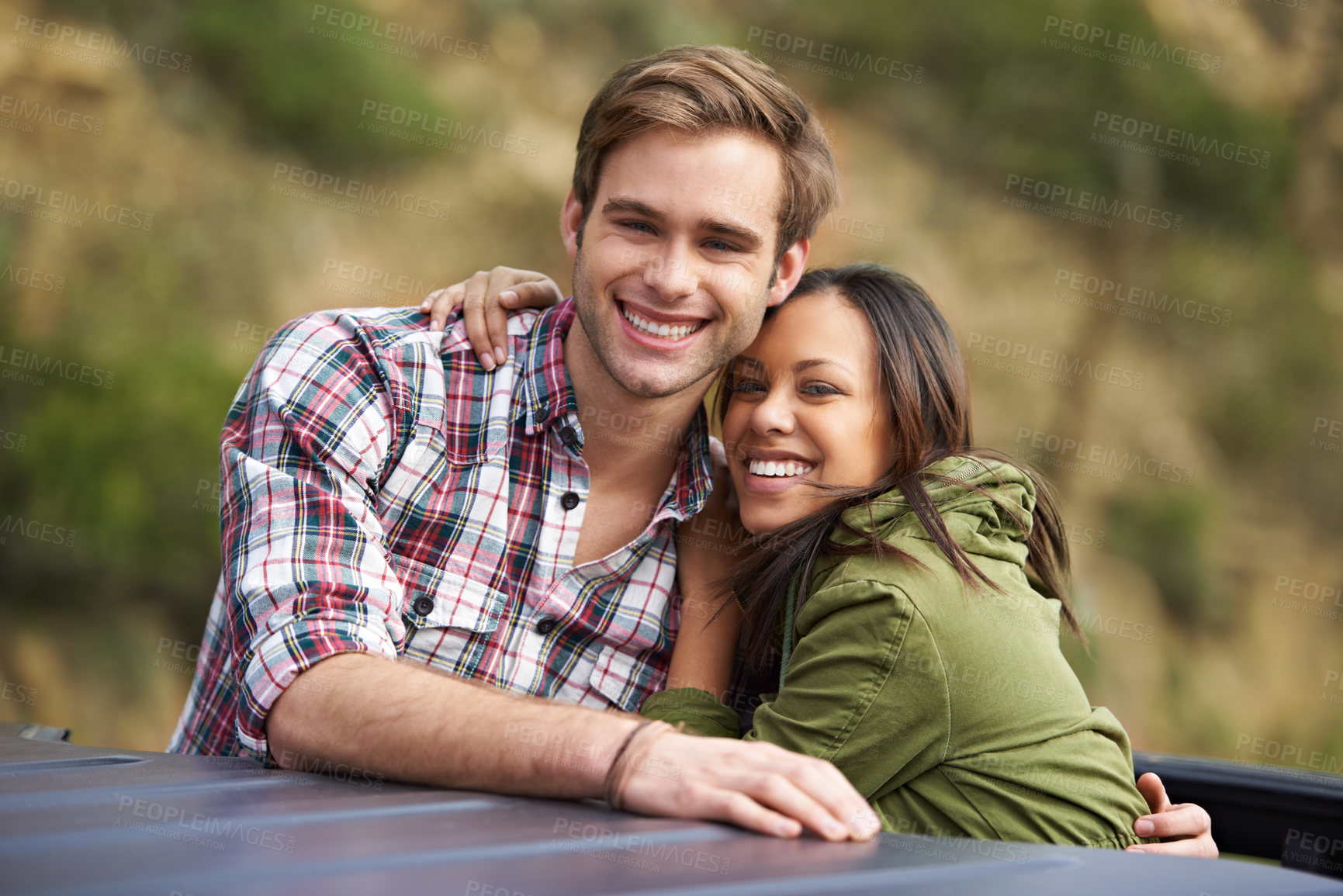 Buy stock photo Couple hug, portrait and road trip for travel, happy with love and adventure in Australia. Freedom, vacation and people outdoor with trust and commitment, journey and smile for trip across country