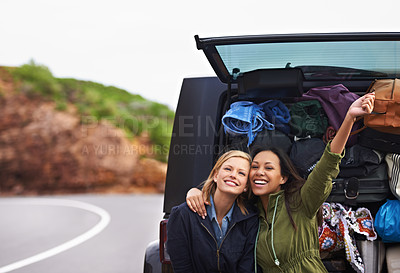Buy stock photo Women, friends and car trunk or road trip or excited in nature or camping holiday, vacation or explore. Female person, smile and boot with bag luggage or European adventure, transportation or journey