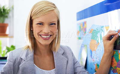 Buy stock photo Map pin, travel agency portrait and happy woman working on vacation ideas, holiday location or planning world tour. Tourism industry, recommendation and office person smile for route journey plan