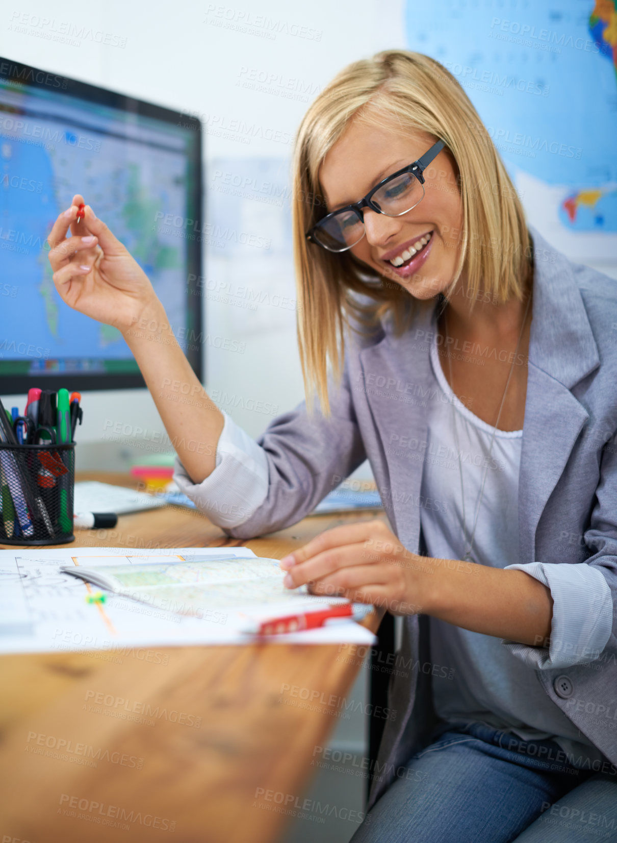 Buy stock photo Travel agent, map or happy business woman planning sightseeing destination, tour location or route journey. Office idea, agency or professional person with world, global or international tourism plan