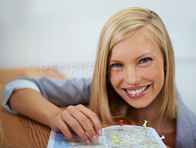Buy stock photo Travel agent, map pin and portrait of happy woman planning sightseeing destination, holiday location or world tour adventure. Tourism agency, service and face of person smile for transport route plan