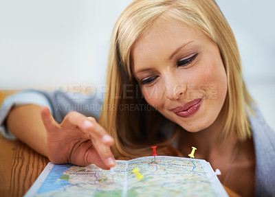 Buy stock photo Travel agency, map pin and face of happy woman, consultant or employee planning holiday location. Tourism agent, trip service and person smile for transportation route plan, guide or vacation choice