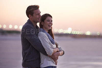 Buy stock photo Love, embrace and couple on beach at sunset with happiness together on holiday in Florida. Travel, vacation and man hug woman outdoor on date in summer with care, support and kindness in marriage