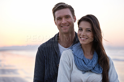 Buy stock photo Portrait, love and couple on beach at sunset with happiness together on holiday in Florida. Travel, vacation and man hug woman outdoor on date in summer with care, support and kindness in marriage