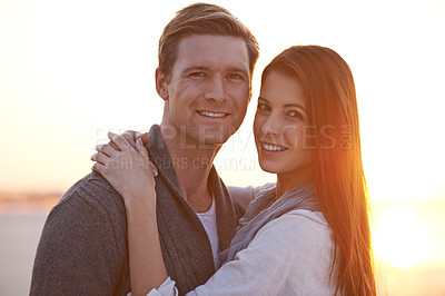 Buy stock photo People hug, portrait and sunset on beach, travel for bonding and romance outdoor with love and trust. Happiness, support and loyalty with couple in relationship, mockup space and adventure together