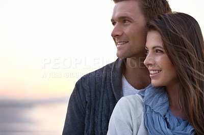 Buy stock photo Couple, thinking and hug with love on beach at sunset planning future holiday together in Florida. Travel, ideas and man with woman outdoor on date or vacation in summer with support in marriage