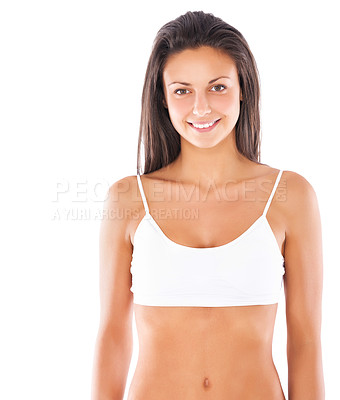 Buy stock photo Woman, healthy body and underwear in studio portrait for wellness, beauty or youth by white background. Isolated young model, girl and lingerie with smile, health or aesthetic with happiness backdrop