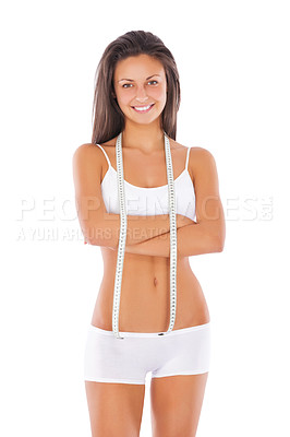 Buy stock photo Happy woman, portrait and arms crossed with tape measure for lose weight or diet against a white studio background. Isolated fit or slim female model in underwear smiling for healthy body or wellness