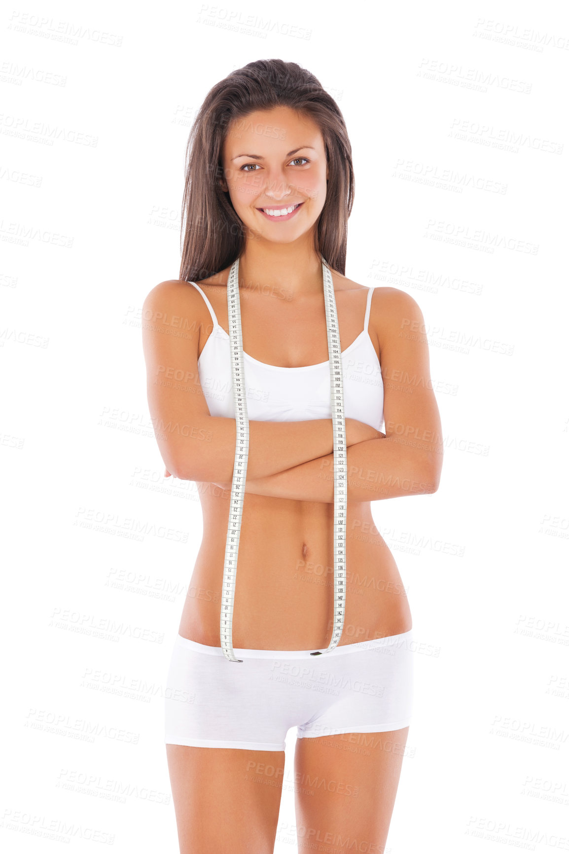 Buy stock photo Happy woman, portrait and arms crossed with tape measure for lose weight or diet against a white studio background. Isolated fit or slim female model in underwear smiling for healthy body or wellness