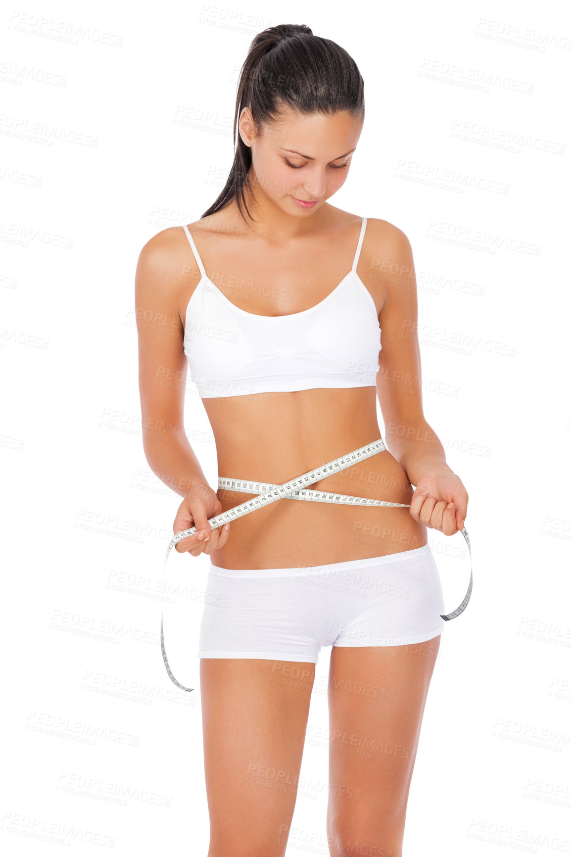 Buy stock photo Woman, fitness and tape measure for lose weight, diet or waist against a white studio background. Fit or slim female model in underwear or lingerie measuring healthy body or figure for wellness