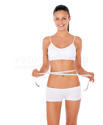 Buy stock photo Happy woman, portrait and tape measure for lose weight or diet against a white studio background. Isolated fit or slim female model in underwear or lingerie smiling for healthy body or wellness