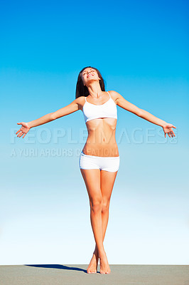 Buy stock photo Freedom, relax woman and sunshine outdoor with happiness and underwear ready for fitness. Blue sky, summer body and female person with a happy smile and liberation from sun and nature with wellness