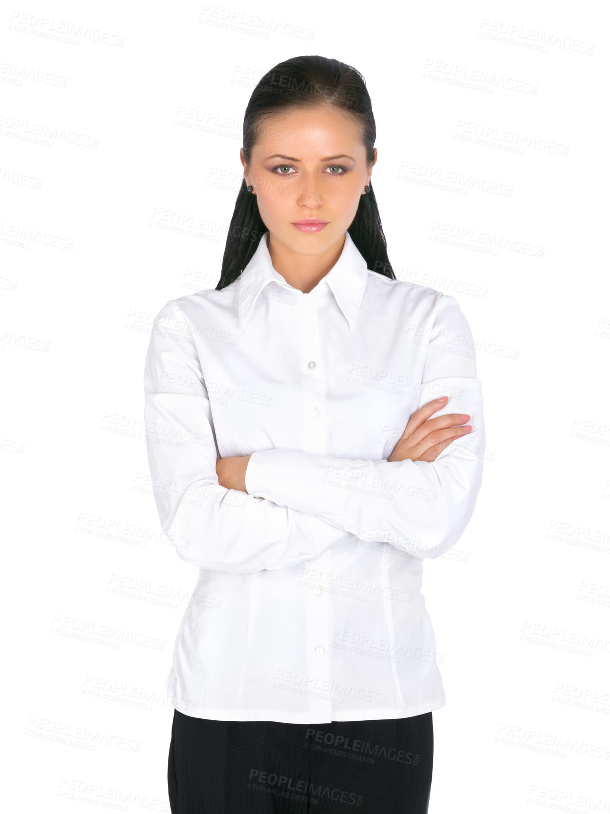 Buy stock photo Portrait of an attractive businesswoman looking serious against a white background