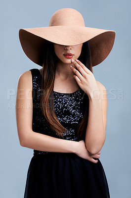 Buy stock photo Fashion, luxury and woman in hat with vintage glamour, confidence and makeup in studio. Classic, chic and elegant style with girl on grey background for designer clothes, classy and cool aesthetic.