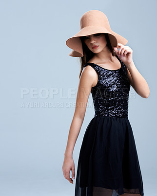 Buy stock photo Style, grace and woman in hat with glamour, confidence and vintage mockup in studio. Classic, chic and elegant fashion with girl on grey background for luxury, classy and cool aesthetic with space