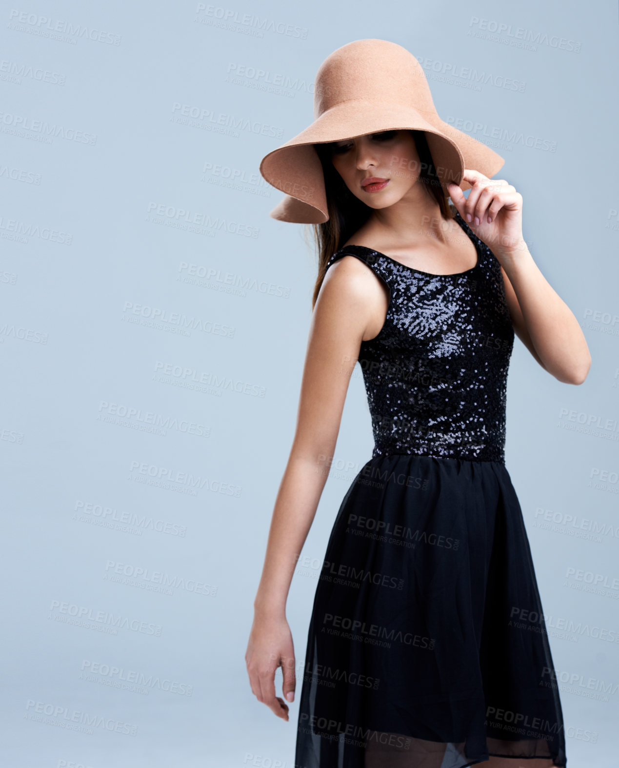 Buy stock photo Style, grace and woman in hat with glamour, confidence and vintage mockup in studio. Classic, chic and elegant fashion with girl on grey background for luxury, classy and cool aesthetic with space