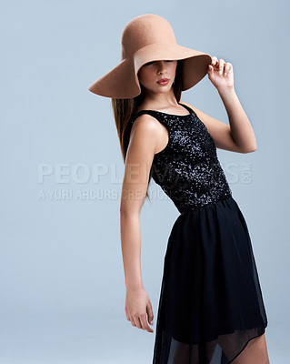 Buy stock photo Style, model and woman in hat with glamour, confidence and vintage mockup in studio. Classic, chic and elegant fashion with girl on grey background for luxury, classy and cool aesthetic with space