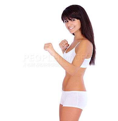 Buy stock photo Studio, boxing and portrait of woman in underwear for fitness, body care and smile. White background, health and wellness for happy girl in sportswear for exercise, fight and workout with confidence.