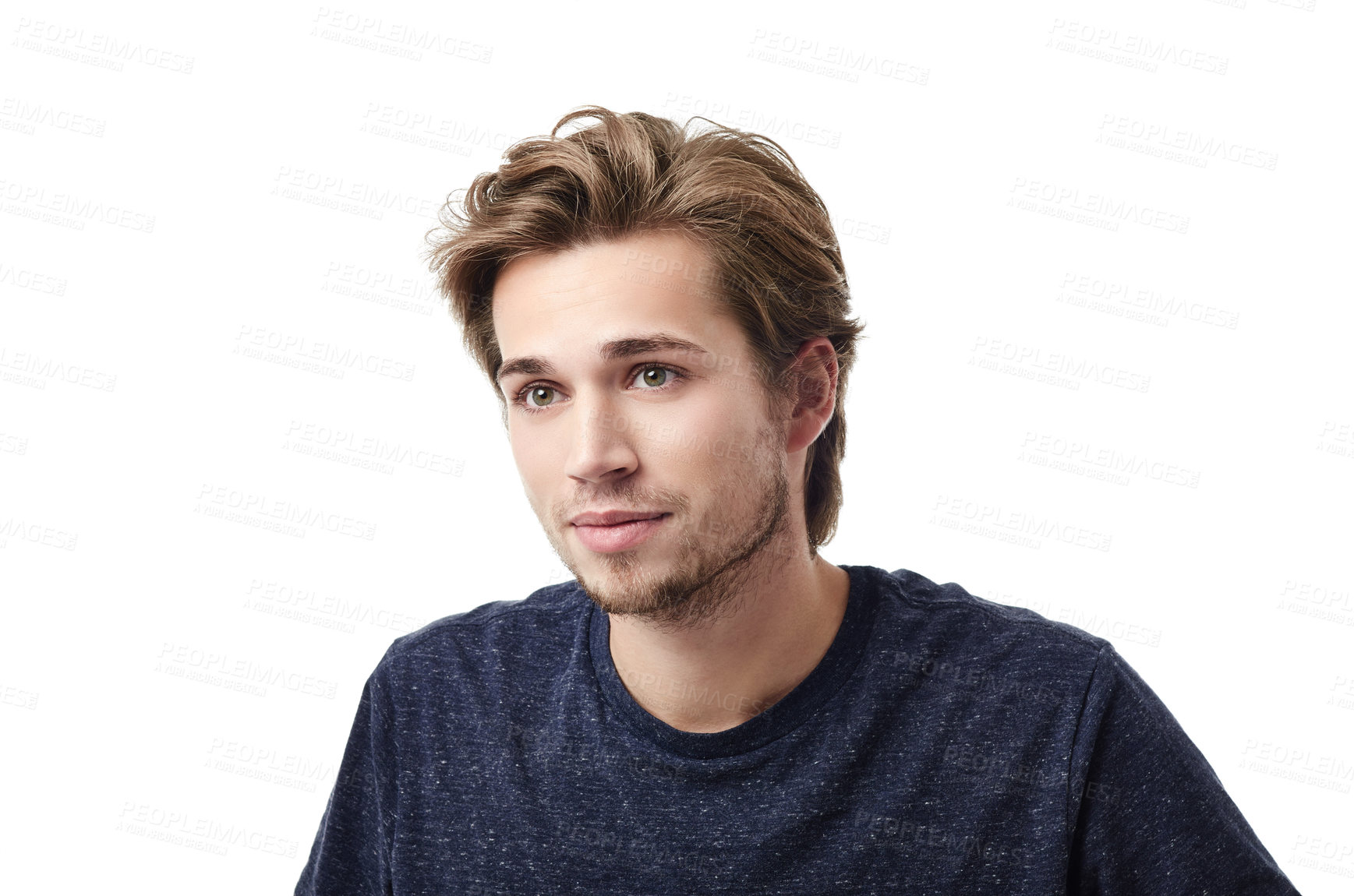 Buy stock photo Man, thinking and casual outfit in studio background with vision for future is handsome or cool. Male person, confident or thoughtful with style or calm with fashion and attractive with tshirt.