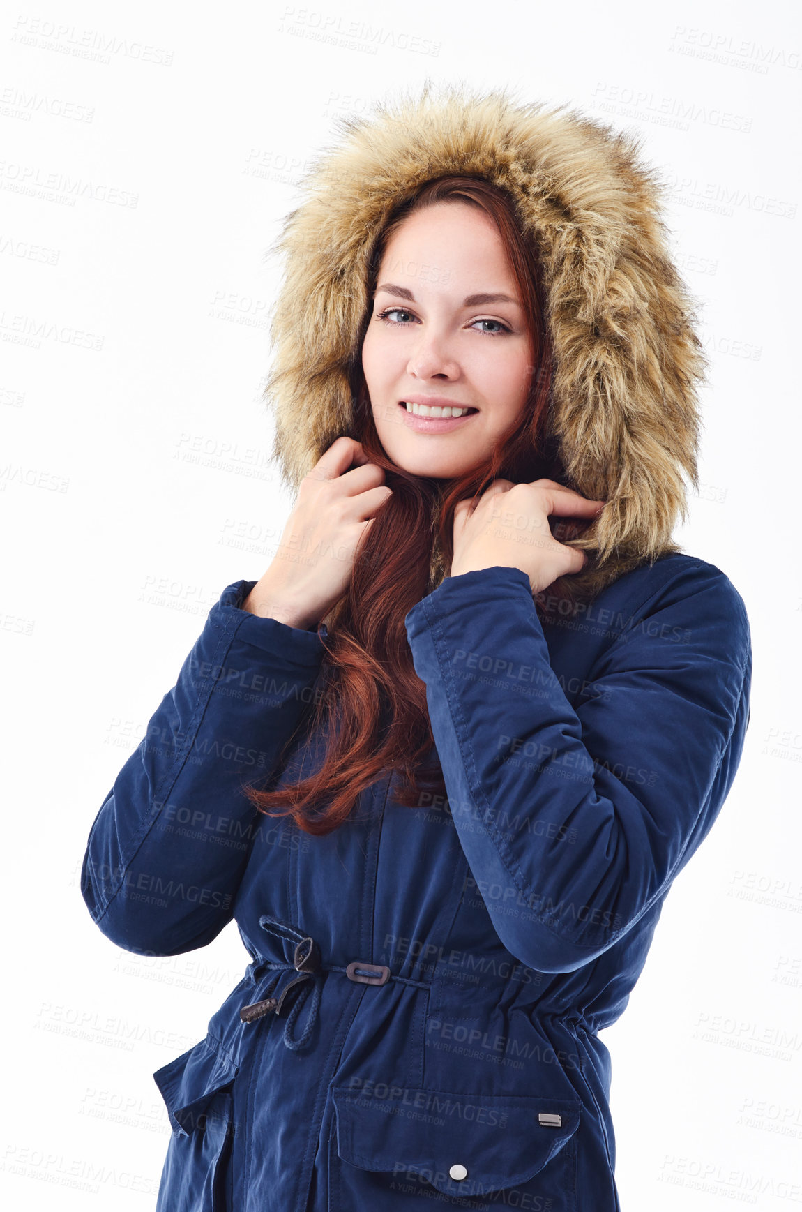 Buy stock photo Fashion, portrait and happy woman in studio with winter jacket, style or confidence on white background. Clothes, face and female model in fur coat for fashionable, comfort or trendy outfit choice