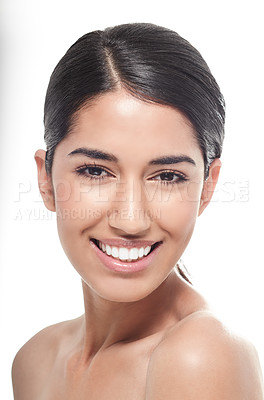 Buy stock photo Beauty, skincare and portrait of a woman in studio with a natural, healthy and facial routine. Wellness, health and face of a female model with dermatology skin treatment isolated by white background