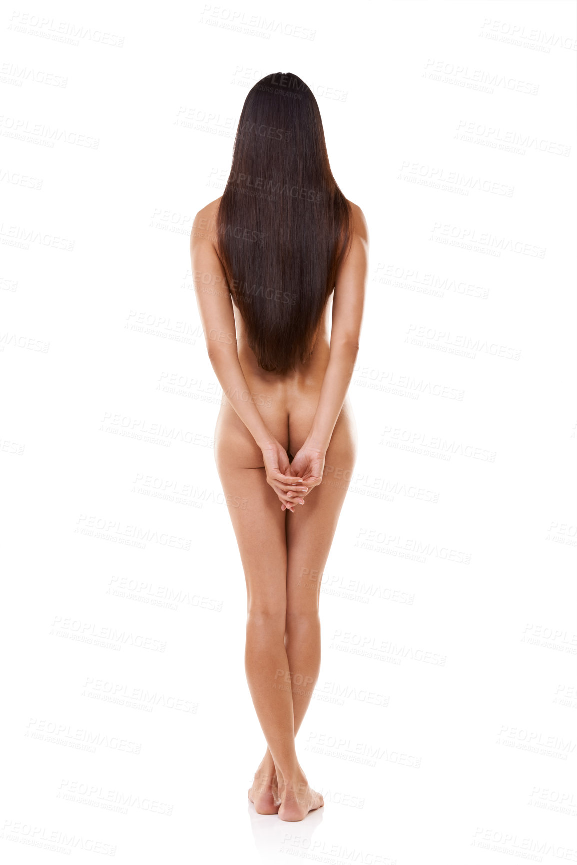 Buy stock photo Rearview shot of a naked woman with long brunette hair isolated on white