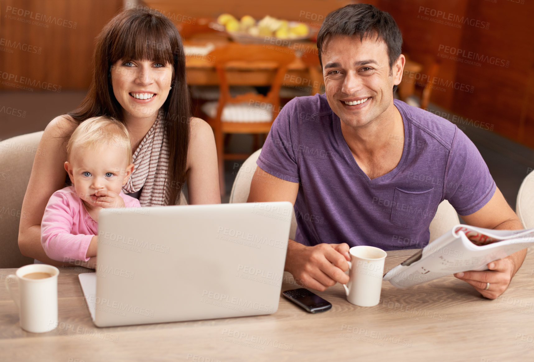 Buy stock photo Family, portrait and laptop in kitchen with coffee in morning for remote work, freelancing and planning. Mom, dad and child in home at table with computer for internet, online for streaming for ideas