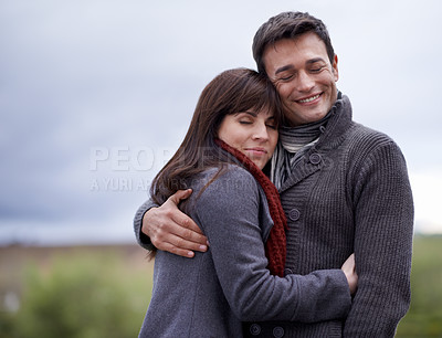 Buy stock photo Love, smile and hug with couple in countryside together for weekend bonding or romantic date. Environment, nature or park with man and woman embracing outdoor for safety, security or trust in morning