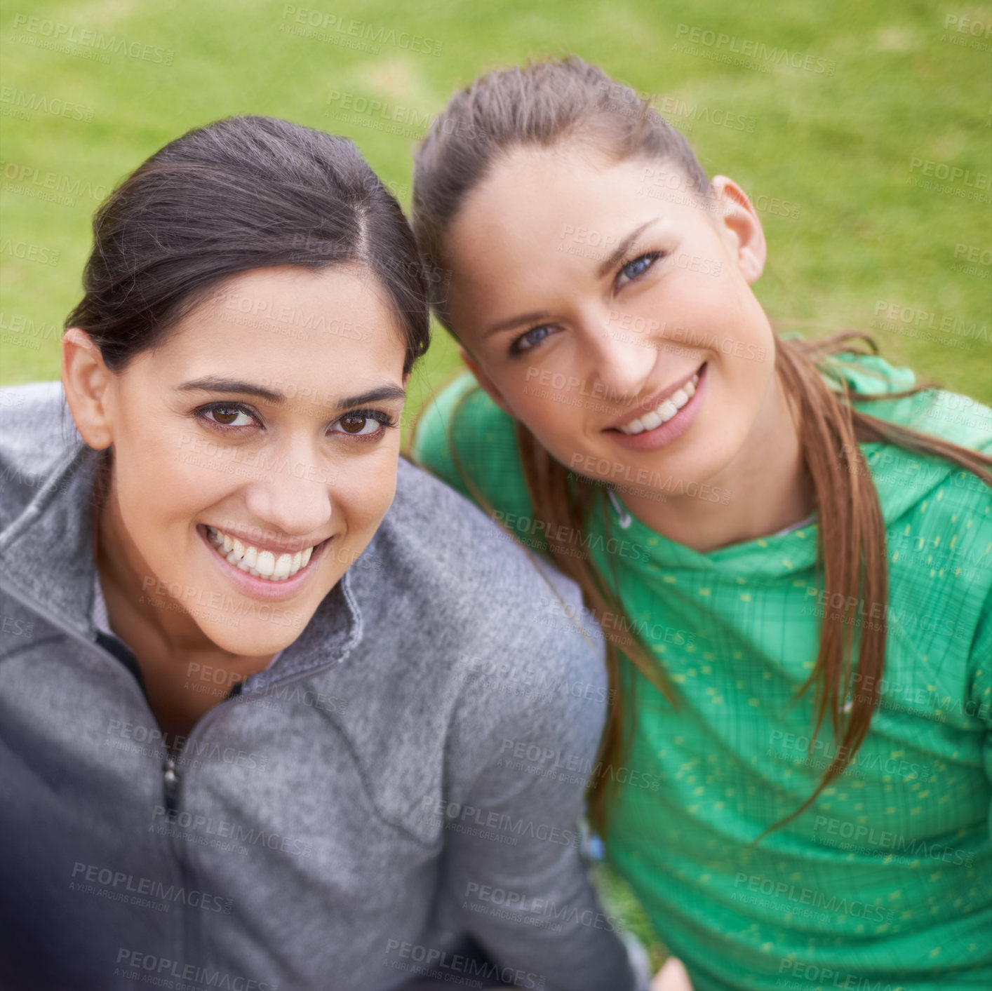 Buy stock photo Sports, friends and portrait of women in field ready for practice, playing game and match outdoors. Happy, fitness and face of people on grass for training, exercise and workout together for wellness