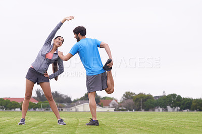 Buy stock photo Happy couple, fitness and stretching together on field for outdoor workout or exercise in nature. Active, young man and woman in body warm up for team training, health and wellness on mockup space