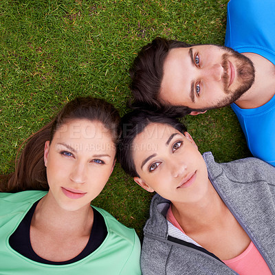 Buy stock photo Nature, fitness and portrait of friends on grass for exercise, workout and healthy lifestyle from high angle. Sports, health and face of people outdoors for bonding, connection or break for training