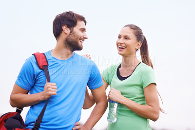 Buy stock photo Fitness, couple with smile and workout outdoor, happy and healthy with partner, physical activity and support. People in nature for wellness, exercise together in park and training for bonding