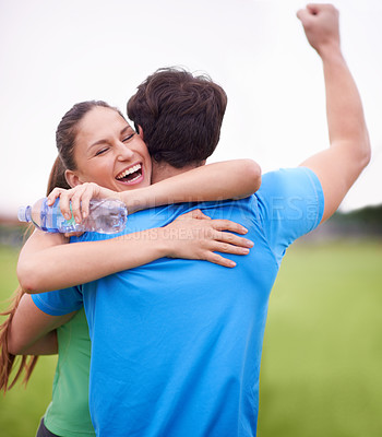 Buy stock photo Hug, outdoor and couple with exercise, celebration and workout goals with progress and achievement. Break, embrace or woman with man or excited with wellness or healthy with support, smile or fitness
