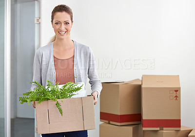 Buy stock photo Portrait, new home and woman with boxes, real estate and house on a loan with rental apartment and property. Person, plant and girl with achievement and development with package, mortgage and moving