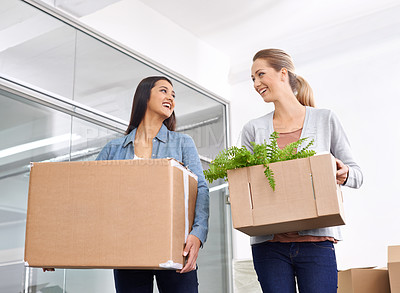 Buy stock photo Two female entrepreneurs moving into a new office