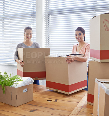 Buy stock photo Portrait, startup and boxes with business people, cooperation and partnership with export and smile. Women, coworkers and staff with cardboard or career with collaboration and moving with joy