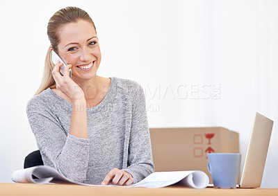 Buy stock photo Happy, woman and portrait of phone call with blueprint of small business and renovation planning. Employee, conversation and paperwork of office development with mobile and moving at morning 