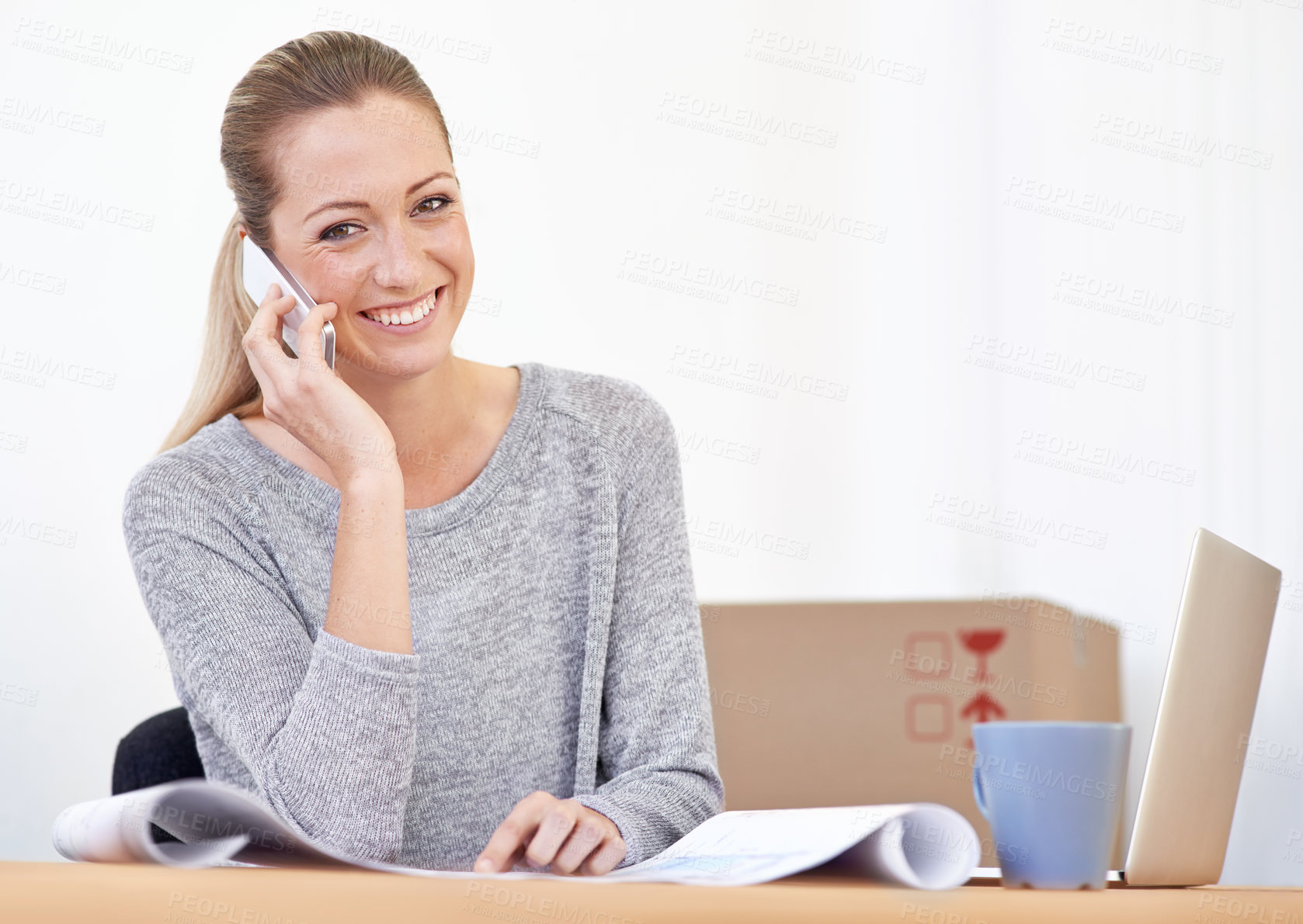 Buy stock photo Happy, woman and portrait of phone call with blueprint of small business and renovation planning. Employee, conversation and paperwork of office development with mobile and moving at morning 