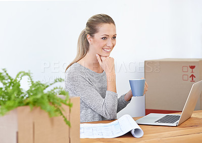 Buy stock photo Business, thinking and woman with a laptop, boxes and smile with morning coffee and startup. Person, employee and entrepreneur with computer or ecommerce with courier or ideas with decision or choice