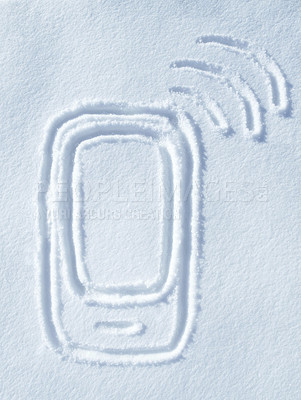 Buy stock photo Illustration, phone call and snow drawing with emergency and network on ground showing sos or signal. Communication, mobile screen and internet connection graphic and sign on floor of snowing and ice
