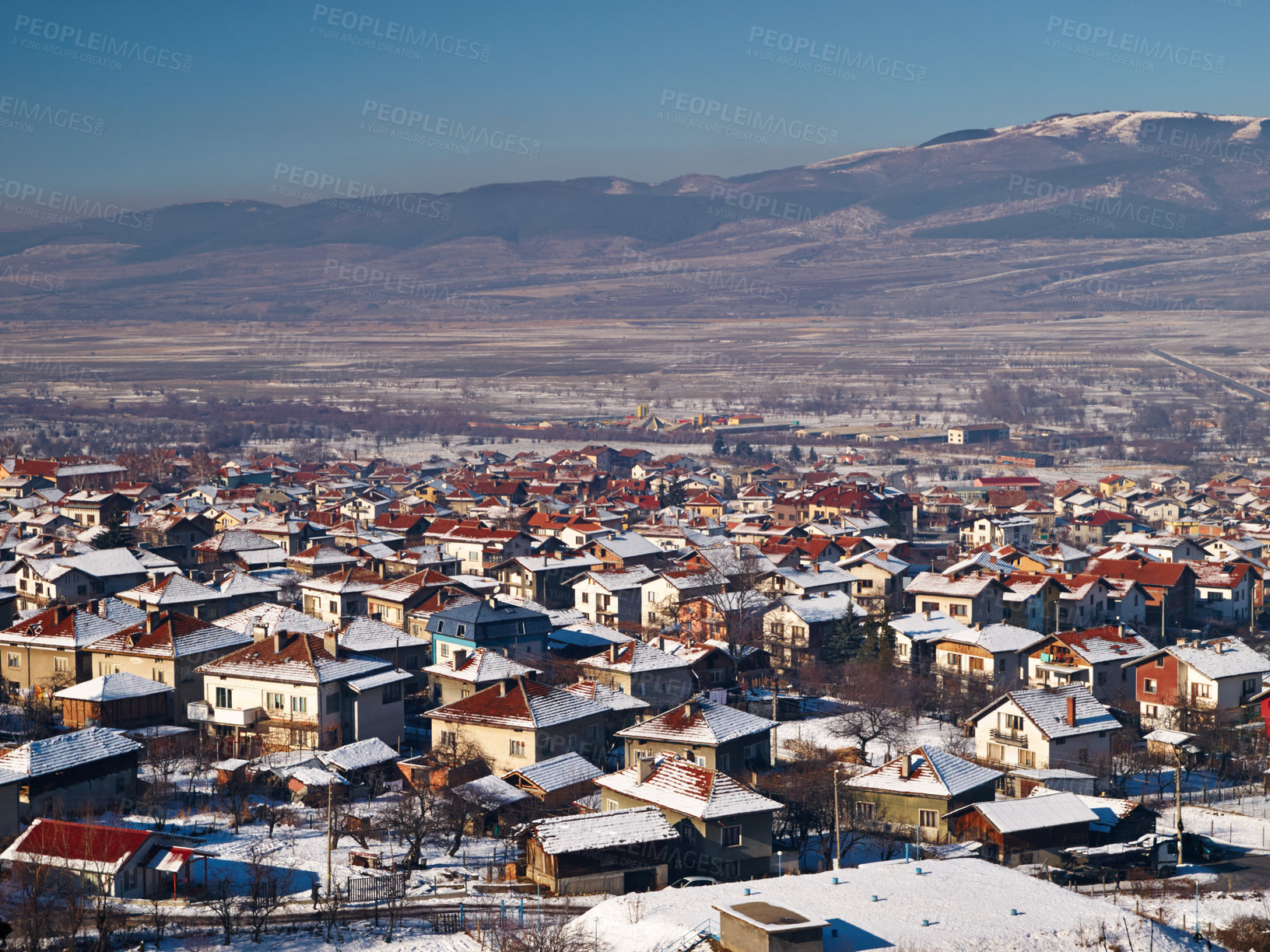 Buy stock photo Mountain, village and houses with snow in winter, landscape in Sweden or travel to vacation property. Europe, holiday and ice on real estate homes in town on hill with blue sky and environment