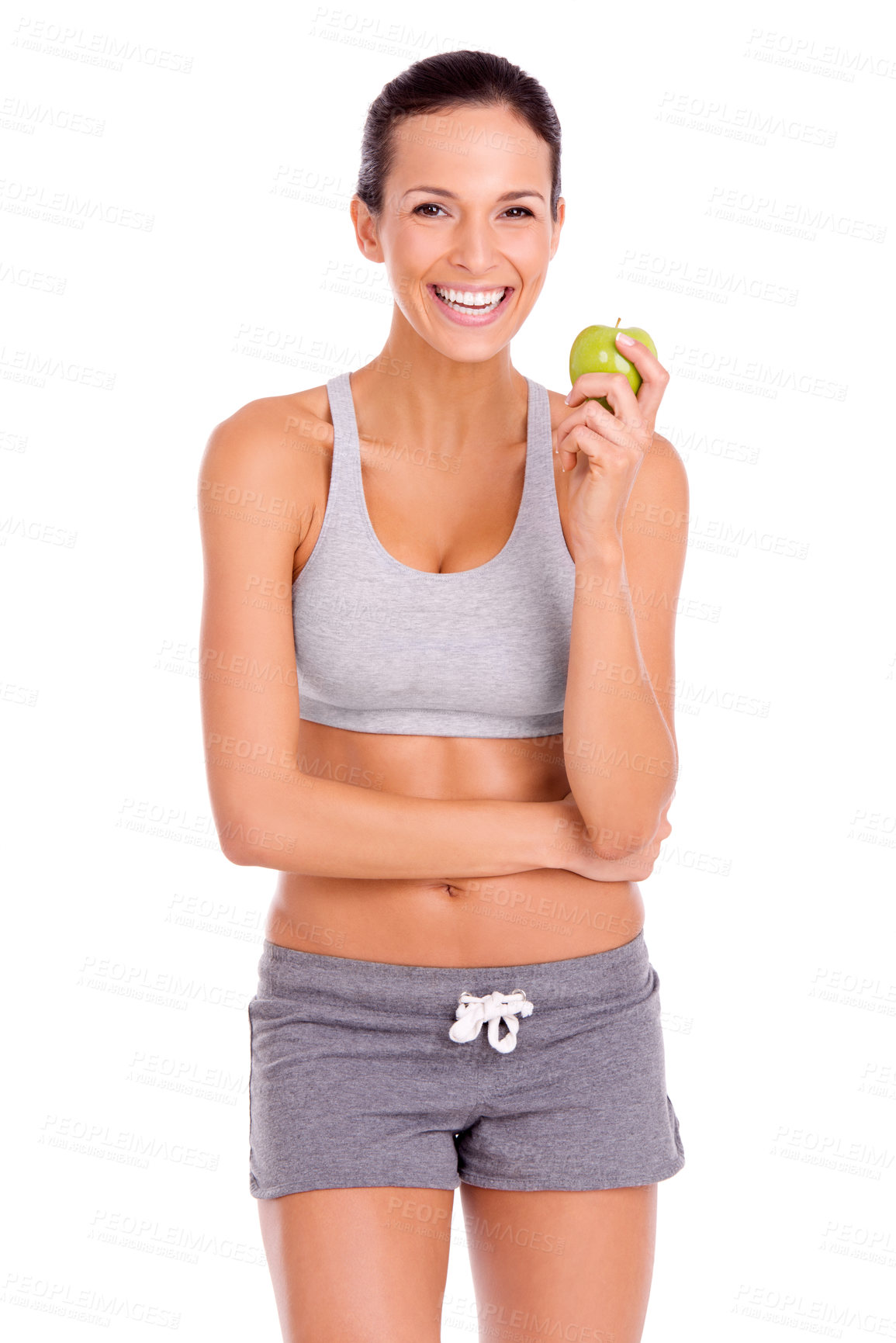 Buy stock photo Health, apple and portrait of woman in studio with snack for weight loss, fitness and wellness diet. Smile, vitamins and female person eating organic, fresh and nutrition fruit by white background.