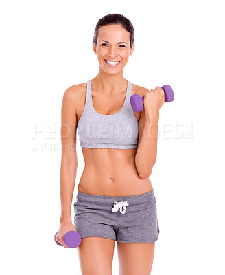 Buy stock photo ​​Woman, portrait and fitness with dumbbell training in studio mockup and exercise with commitment to gym. Athlete, happy face and cardio for healthy body, weightlifting and sportswear for workout