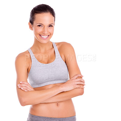 Buy stock photo Studio, woman and confident in portrait for workout in gym clothes, fitness and weight loss by white background. Spain model, face or positive for aerobics exercise, glow or training for strong body
