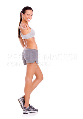 Buy stock photo Studio, model and pointing in portrait for exercise promotion and training announcement or news of gym discount. Woman, happy face and aerobics offer for choice and workout plan by white background