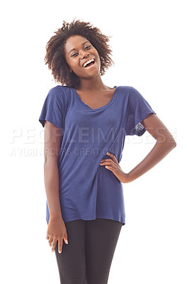 Buy stock photo Fashion, confidence and portrait of black woman laughing in studio isolated on a white background. Excited, funny or happy African person, smile or positive model in casual clothes for style in Kenya