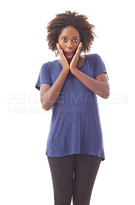 Buy stock photo Portrait, surprised and black woman with hands on face for announcement of information isolated on white studio background. Shock, wow or African person amazed at secret, notification or news of sale