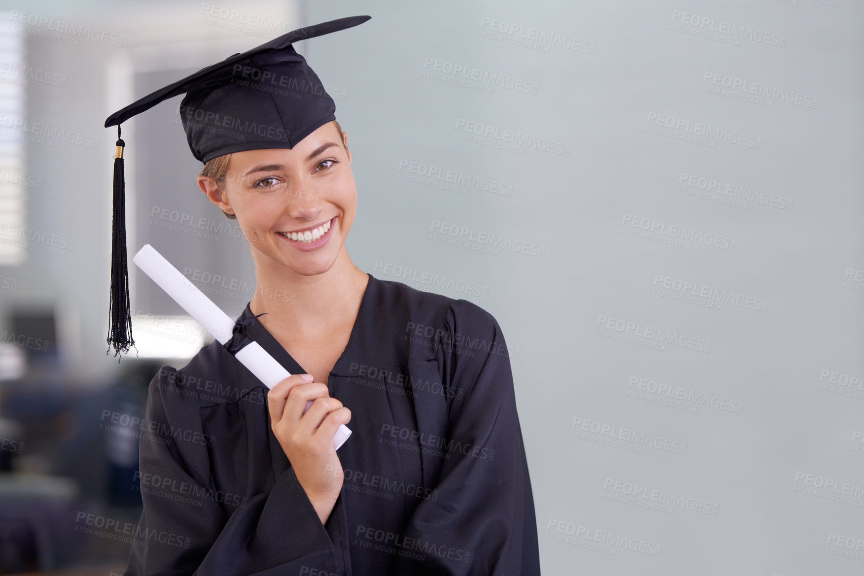 Buy stock photo Graduate, diploma and portrait of happy woman at college for scholarship in Canada. Face, graduation or smile of student with certificate for education, achievement or success at university on mockup